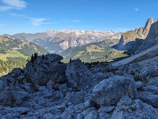 Obraz premium Dolomites mountains panorama landscape view Italy-with mountain meadows,lakes and rocky and sharp mountain tops,Dolomite Alps mountains, Trentino Alto Adige region, Sudtirol 