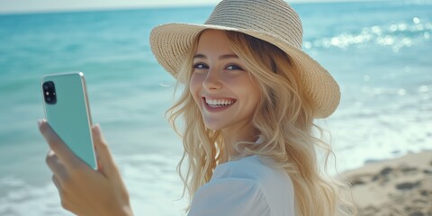 Fototapeta premium A joyful young woman takes a cheerful selfie at the beach, basking in the warm sun with sparkling waves behind her, embodying the essence of a carefree summer filled with happiness