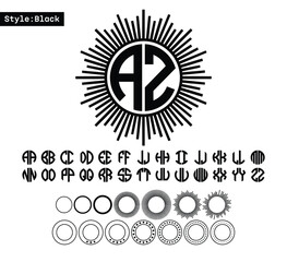 Monogram circle alphabet. Round geometric font for logos with a set of frames.