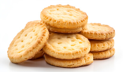 Close up on butter biscuits resting on white background, no people are visible.