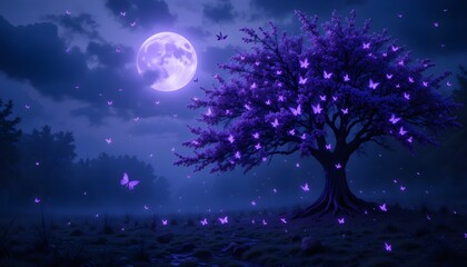 Mystical Moonlit Tree with Purple Butterflies