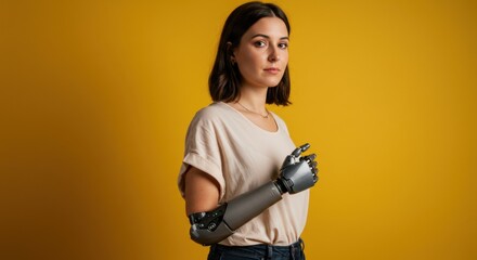 Fototapeta premium Confident woman with modern prosthetic arm posing against yellow background