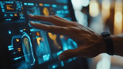 A medium closeup of a user interface displaying biometric data such as muscle activity and pressure points indicating how smart prosthetics collect and analyze data to enhance functionality