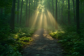 Sunbeams Streaming Through Lush Green Forest Path