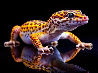 Close-up Leopard Gecko on Black Background - Reptile Stock Photo