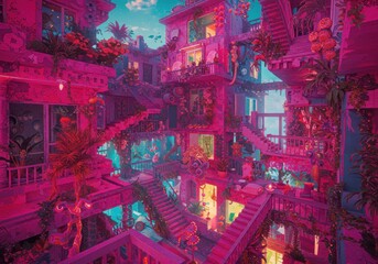 Vibrant dreamscape: surreal neon architecture with lush foliage and intricate stairways