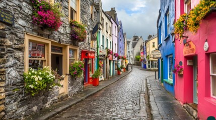 Fototapeta premium Colorful cobblestone street, shops, flowers, Ireland, tourism