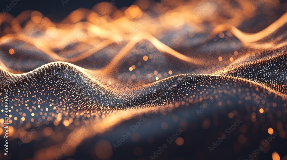 Poster abstract gold particle waveforms on dark backdrop with depth of field