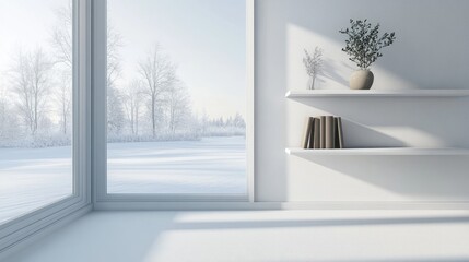 Fototapeta premium A 3D-rendered Scandinavian interior design featuring a clean, white room with a shelf, and a picturesque winter landscape visible through the window.