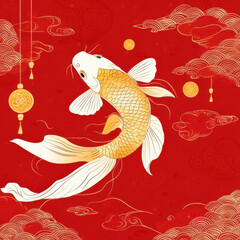 Koi carp fish swimming gracefully on vibrant red background, symbolizing prosperity and good fortune