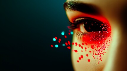 Obraz premium Close-up of a woman's eye adorned with vibrant digital patterns, set against a dark background