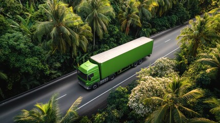 Green Truck Driving Through Lush Tropical Landscape Surrounded by Palm Trees on Scenic Road