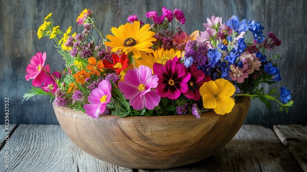 Poster a beautiful wooden bowl filled with an array of colorful flowers, highlighting nature vivid hues aga