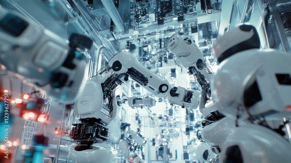 Poster futuristic robot factory assembly line with automated robotic arms in action