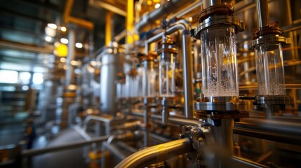 A medium closeup of a hightech filtration system where crystalline droplets of refined synthetic fuel are being separated from impurities emphasizing the clarity and purity of the final