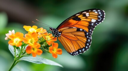 Fototapeta premium Orange butterfly feeding on flowers, garden background, nature photography