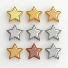Obraz premium Shiny star icons in gold, silver, and bronze arranged in grid