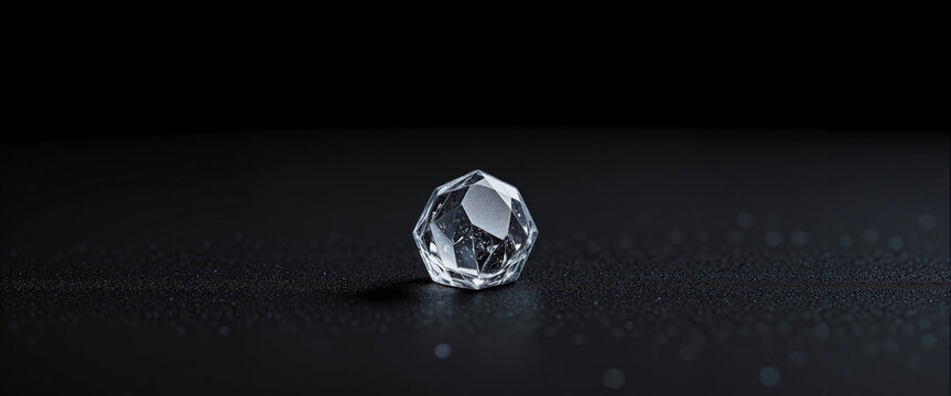 Flashy crystal gem glistening on a dark reflective surface, evoking a sense of elegance and tranquility, showcasing intricate facets that catch the light beautifully