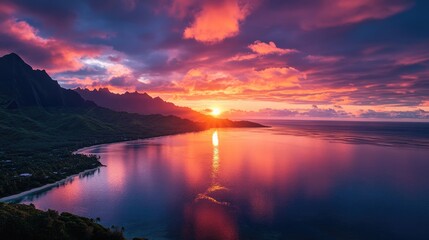 Fototapeta premium A breathtaking high-angle view captures the vibrant sunset colors reflecting over the South Pacific Ocean, casting a warm glow over the lagoon of Moorea.