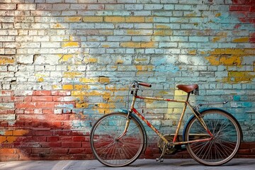 Vintage bicycle parked against colorful graffiti-covered brick wall.