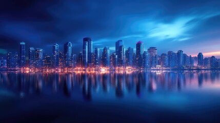 Fototapeta premium A breathtaking view of a metropolitan skyline lit up at blue hour, with vibrant city lights reflecting in a tranquil harbor, offering a peaceful yet vibrant urban scene