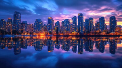 Obraz premium A breathtaking view of a metropolitan skyline lit up at blue hour, with vibrant city lights reflecting in a tranquil harbor, offering a peaceful yet vibrant urban scene