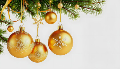 Golden Christmas balls light white background. Festive xmas decoration gold glass christmas balls and glossy snowflake, stars, hanging on the ribbon. Vector illustration banner design template EPS 1