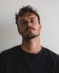 Fototapeta premium Young Man with Wavy Brown Hair, Wearing Black T-Shirt, Against a Light Background