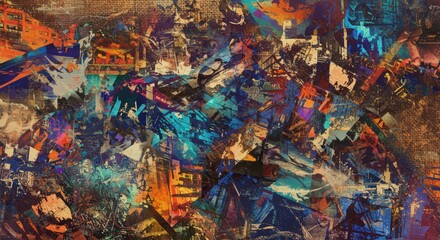 Fototapeta premium Dynamic abstract urban collage with vibrant colors and textures