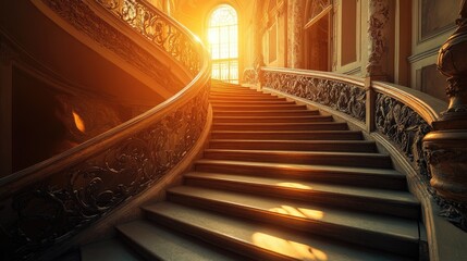 A breathtaking wide-angle view of an ornate staircase bathed in golden sunset light, highlighting its beauty and intricate details.