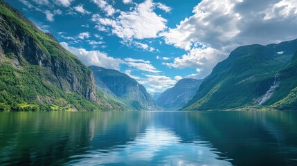 A breathtaking view of a Norwegian fjord, where majestic mountains meet serene waters, showcasing the stunning beauty of Norway natural landscapes.