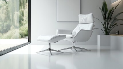 Modern White Leather Chair and Ottoman Near Window