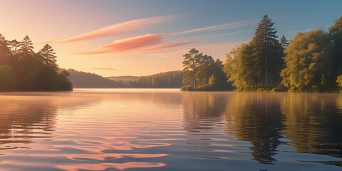 Fototapeta premium Tranquil lake reflecting the soft hues of a picturesque sunset, surrounded by lush greenery and trees, creating a peaceful and serene natural landscape