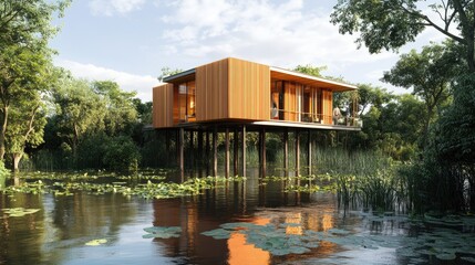 Fototapeta premium A bright wooden home elevated above floodwaters, with vibrant vegetation floating on the water surface, showcasing strength and sustainability amidst a watery landscape.