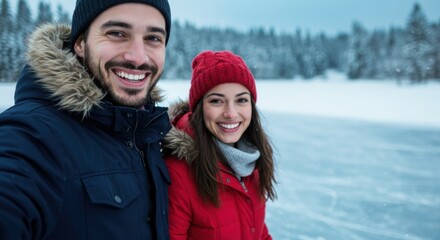 Fototapeta premium Joyful couple enjoying winter wonderland with snowy forest background