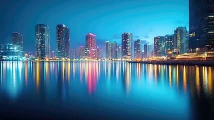 Obraz premium A bustling metropolitan skyline comes to life with vibrant lights reflecting in a calm harbor at blue hour, capturing the energy and beauty of the city at twilight.