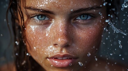 Young Woman Face Water Drops Closeup Portrait