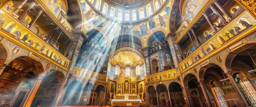 Awe-inspiring Coptic Orthodox church interior. A massive central dome, adorned with biblical scenes, is bathed in sunlight. Ornate golden iconostasis and artificial lighting.