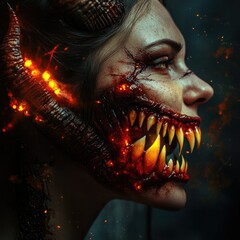 Fiery Demon Woman Profile: Glowing Horns, Burning Mouth, and Jagged Teeth