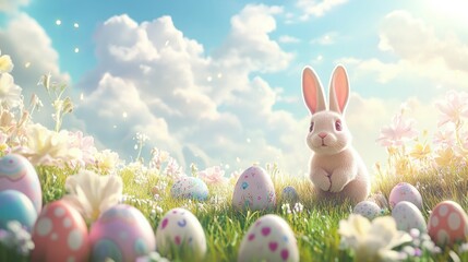 Easter Bunny Amidst Pastel Eggs and Flowers