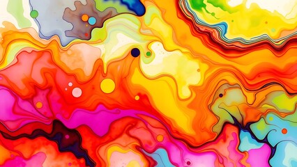 Fototapeta premium Abstract colorful fluid art with vibrant swirling patterns and bold contrasting colors including red yellow orange pink blue green black and white with circular shapes and organic forms