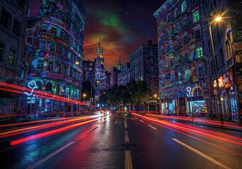 Fototapeta premium Futuristic neon cityscape at night with vibrant lights and starry sky