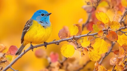Fototapeta premium Vivid blue and yellow bird perched on autumn branch.
