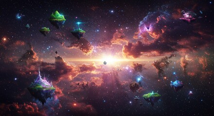 Fototapeta premium Enchanting floating islands in cosmic nebulae at sunset