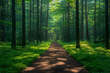 Obraz premium Sunlit Path Through Lush Green Forest
