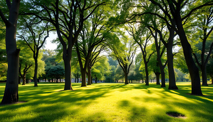 Product photograph of Trees in the park with green grass and sunlight, fresh green nature background , with white tonespng