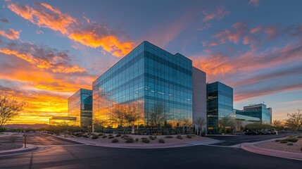 Modern Glass Office Building Sunset Reflection