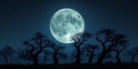 Naklejka premium Mysterious and captivating scene of a glowing full moon rising above dark, silhouetted trees, creating an atmospheric and magical night landscape