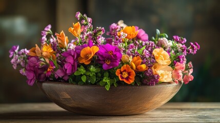 A carefully arranged wooden bowl filled with vibrant flowers, blending rustic charm and natural elegance, perfect for showcasing nature beauty in a warm, inviting setting.