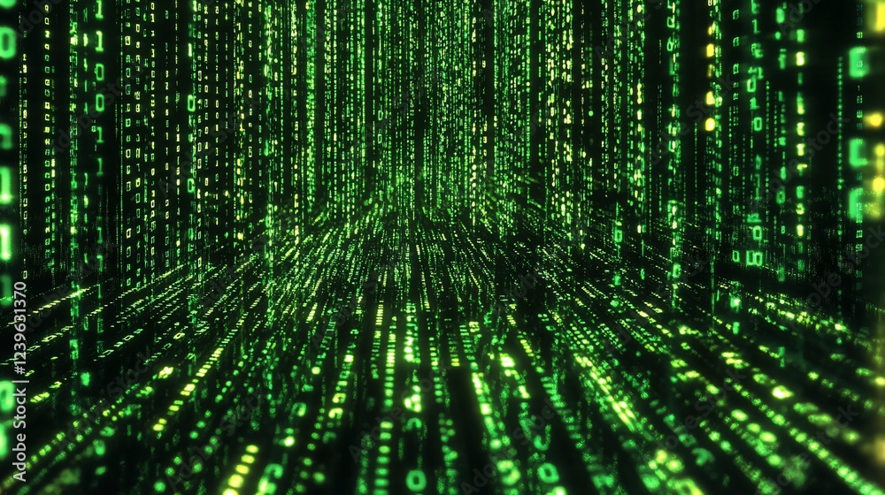 Poster abstract digital stream of binary code in glowing green perspective view